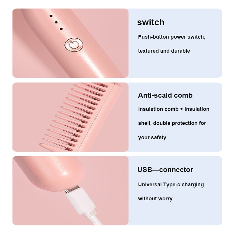 Wireless Heating Hot Comb Hair Straightener  Portable Ceramic USB Rechargeable